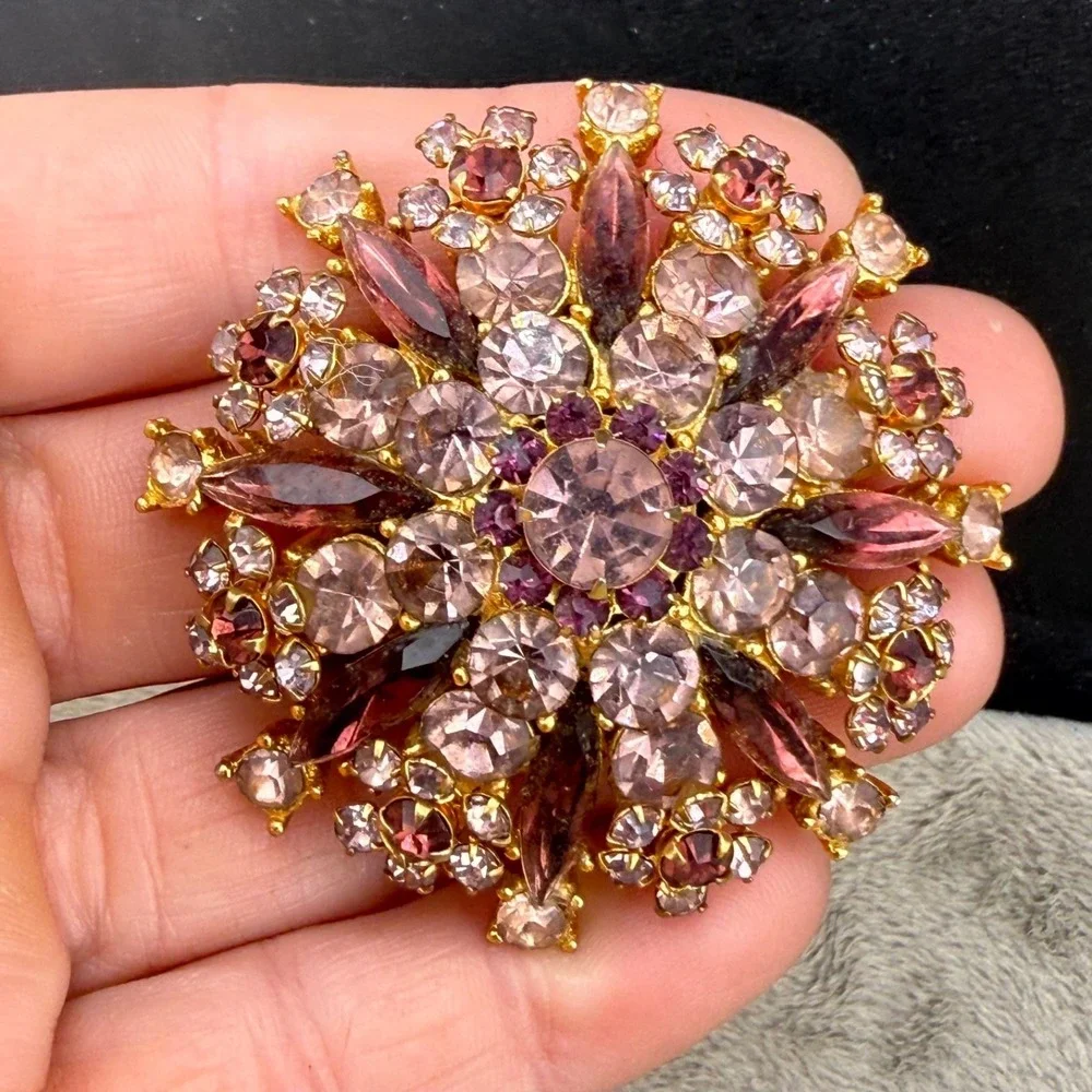 Vintage Rhinestone Brooch Purple Gold Tone  Sparkle